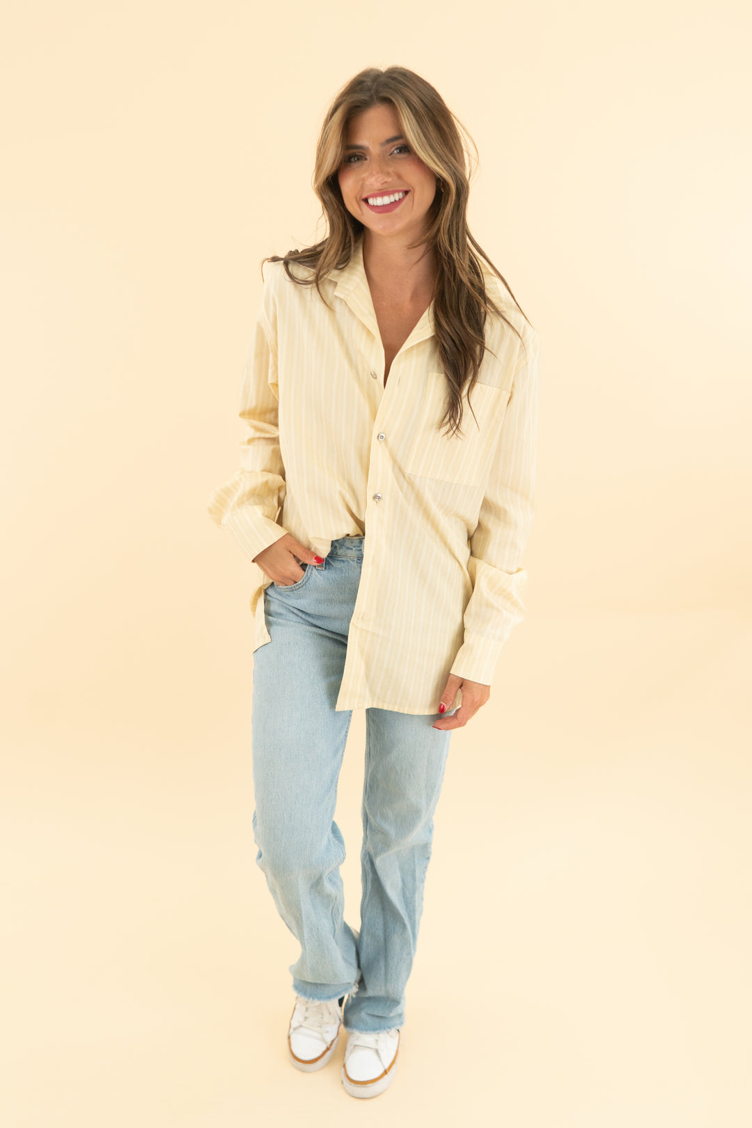 marimekko kioski yellow pinstripe button up top (xs)