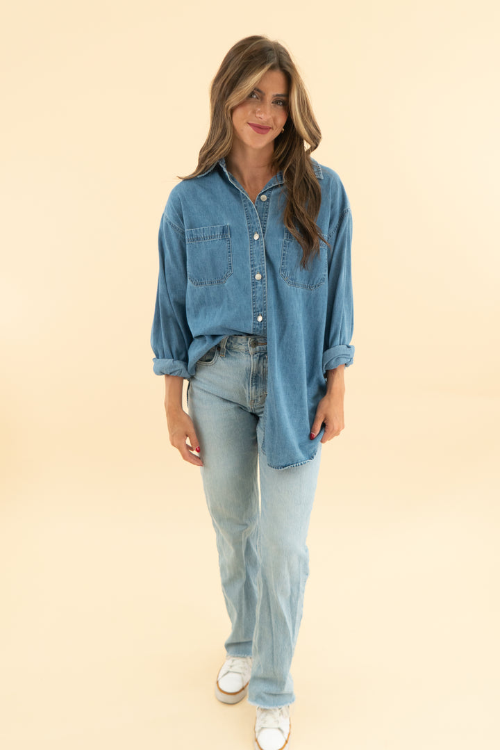 st. john's bay chambray long sleeve top (l)