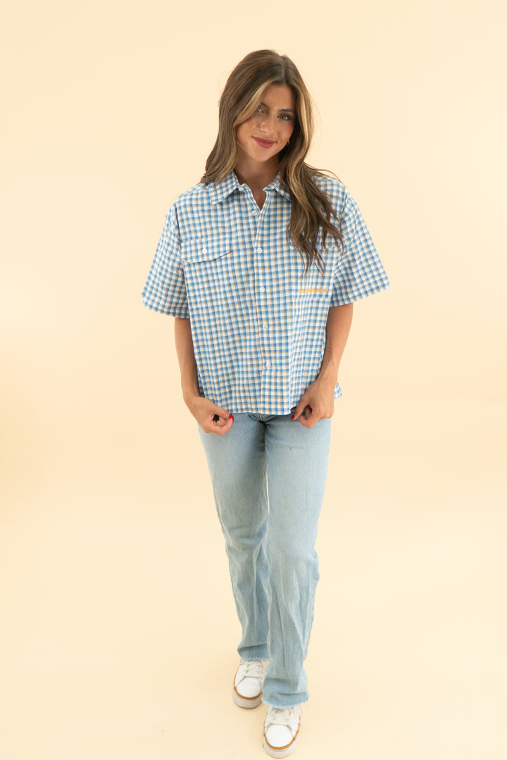 emestudios blue checkered boxy short sleeve button down nwt (xs)