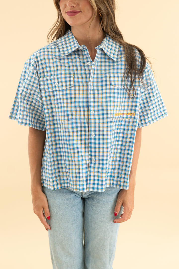 emestudios blue checkered boxy short sleeve button down nwt (xs)