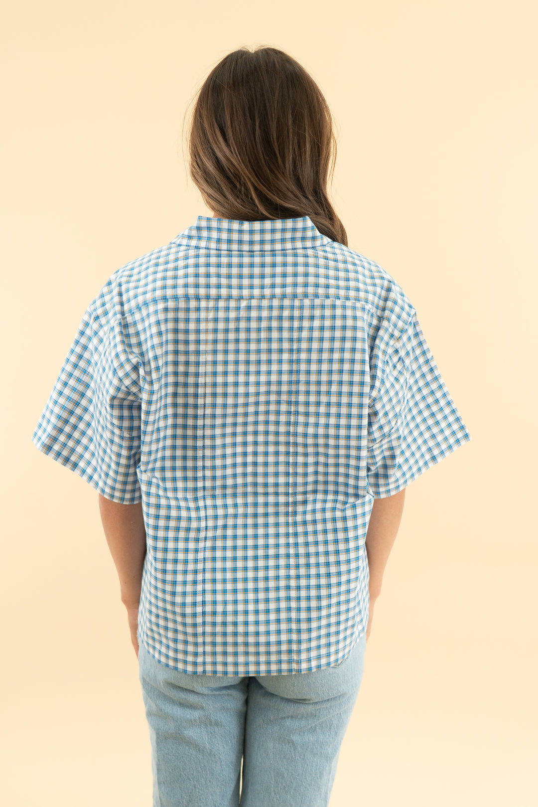 emestudios blue checkered boxy short sleeve button down nwt (xs)