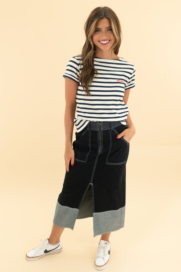 pilcro dark wash denim midi skirt (0)