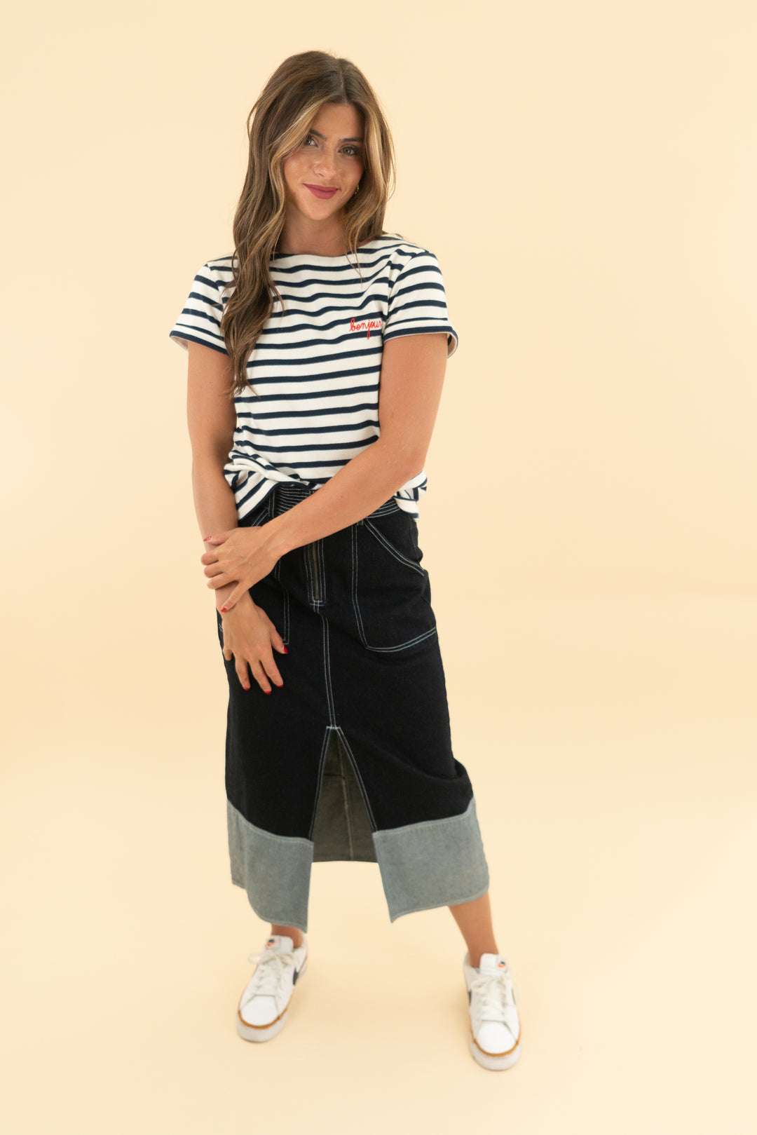 maison labiche blue stripe "bonjour" knit top (s)
