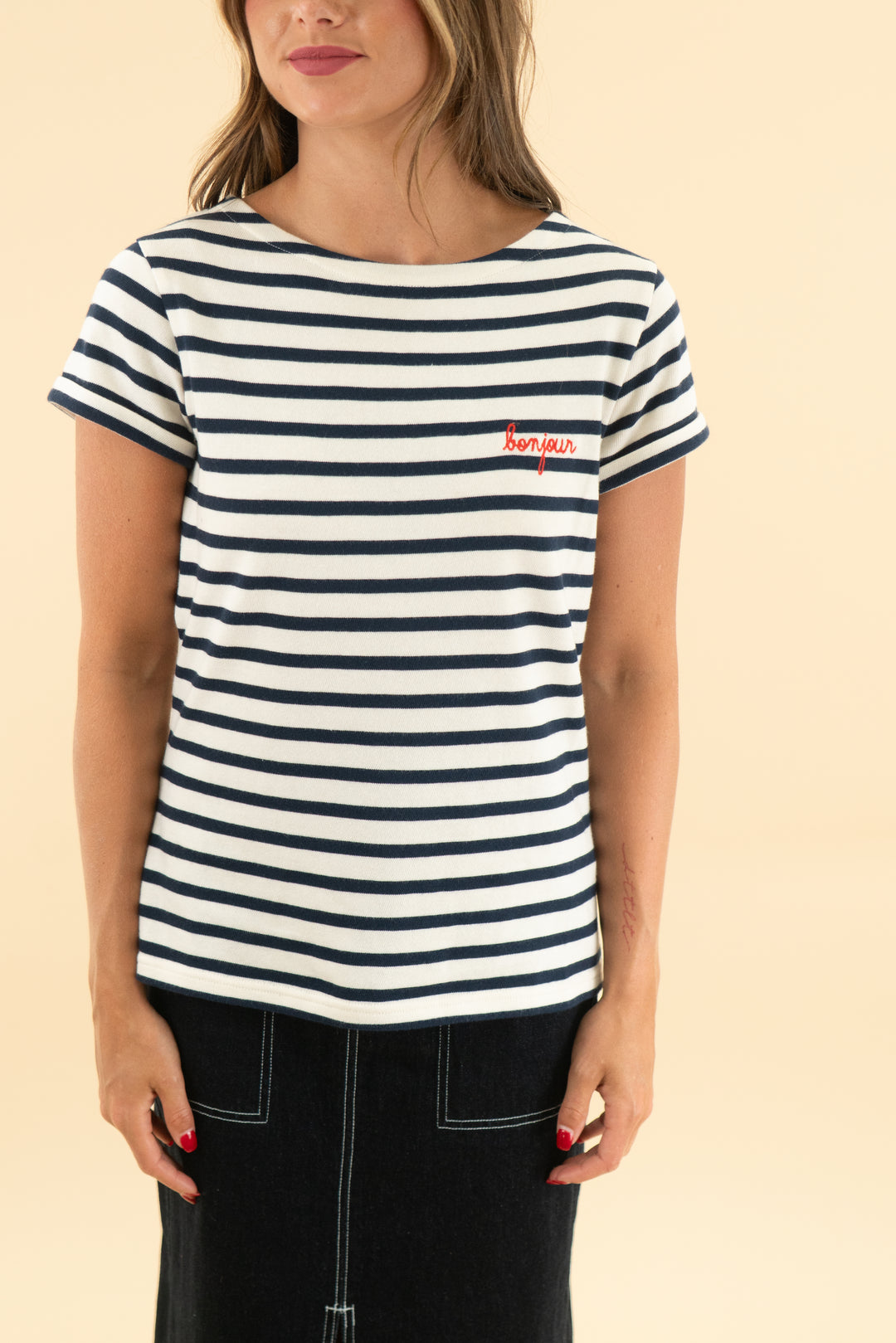 maison labiche blue stripe "bonjour" knit top (s)