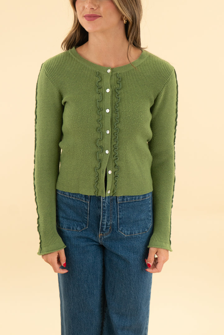 who what wear green ribbed cardigan (s)