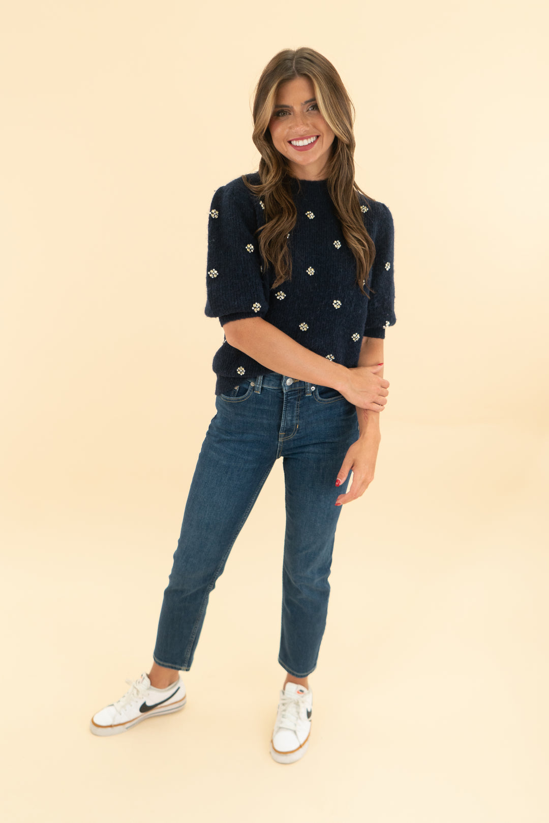 boden midnight blue pearl/crystal embellished knit top (xs)