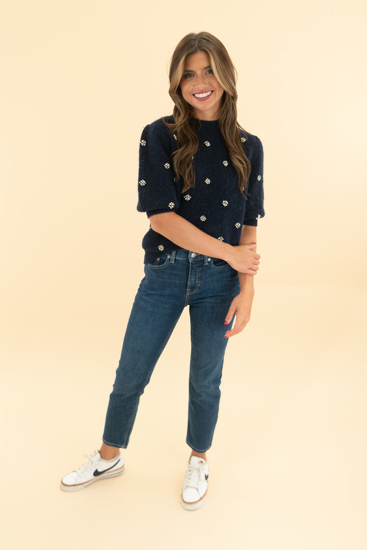 boden midnight blue pearl/crystal embellished knit top (xs)