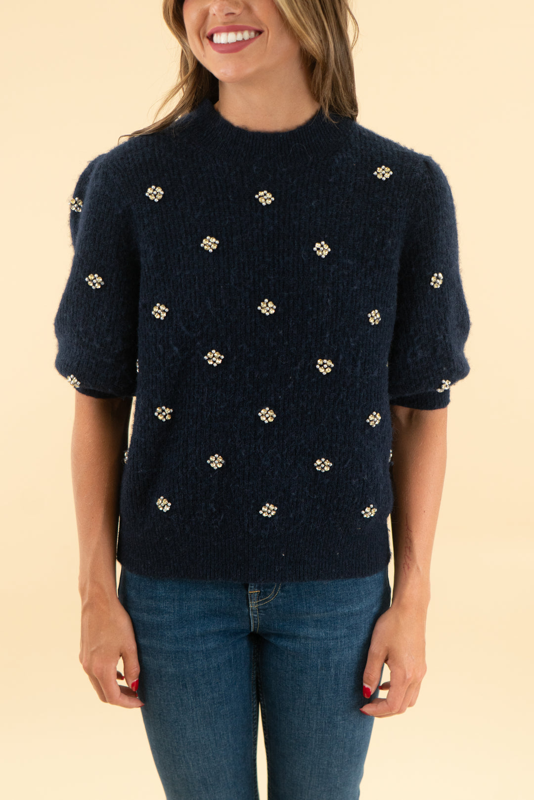 boden midnight blue pearl/crystal embellished knit top (xs)