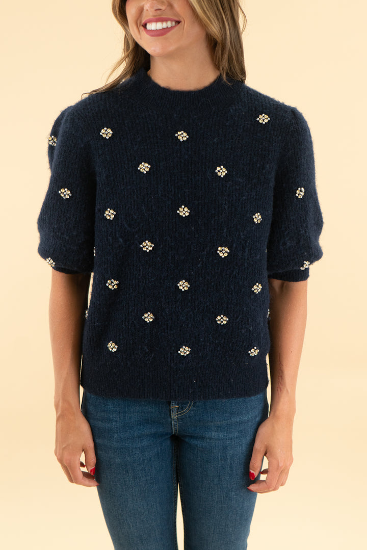 boden midnight blue pearl/crystal embellished knit top (xs)