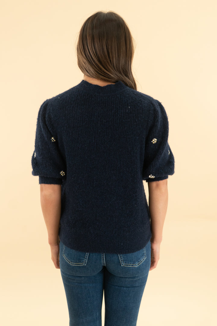 boden midnight blue pearl/crystal embellished knit top (xs)
