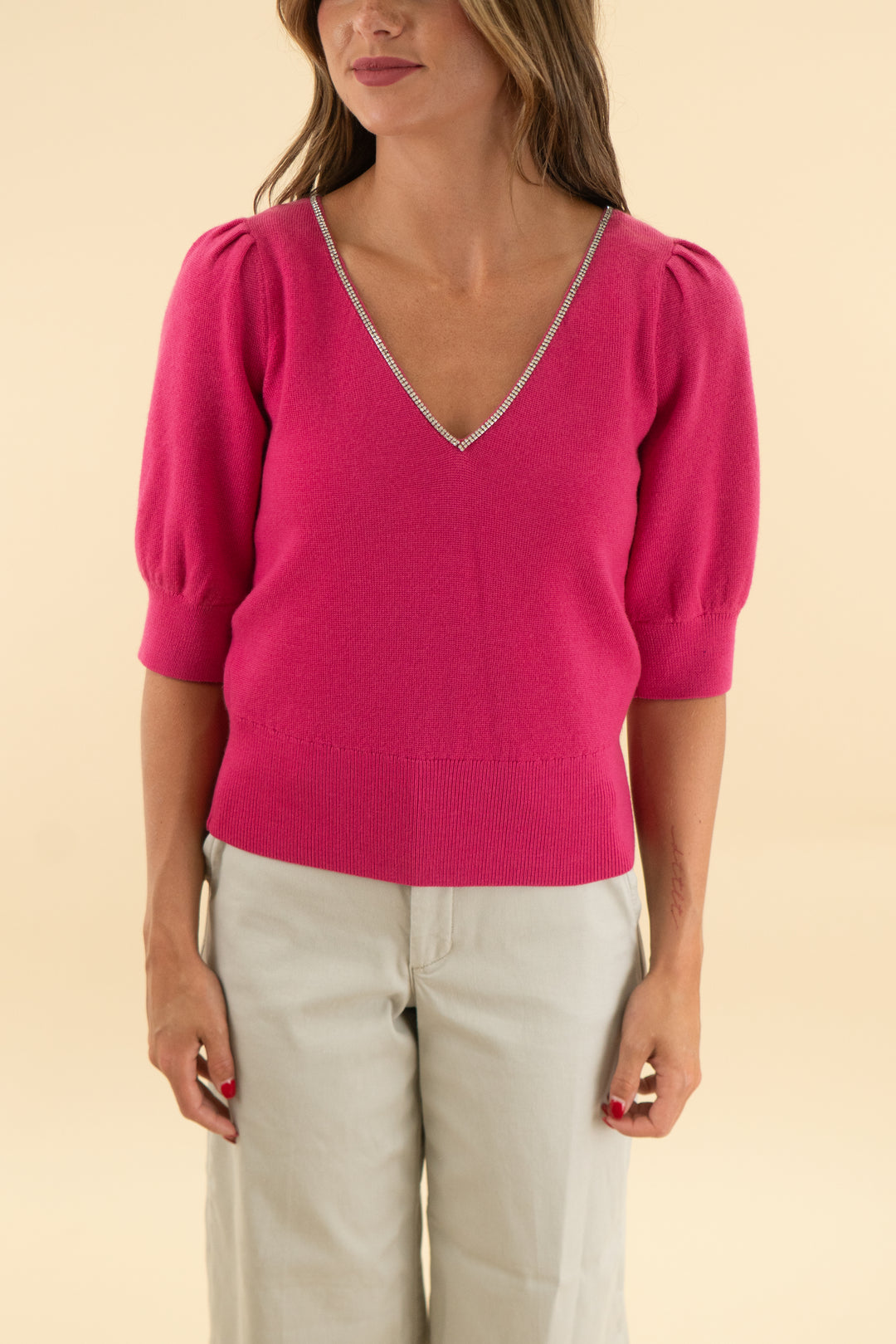 kate spade pink knit rhinestone trim top (xs)