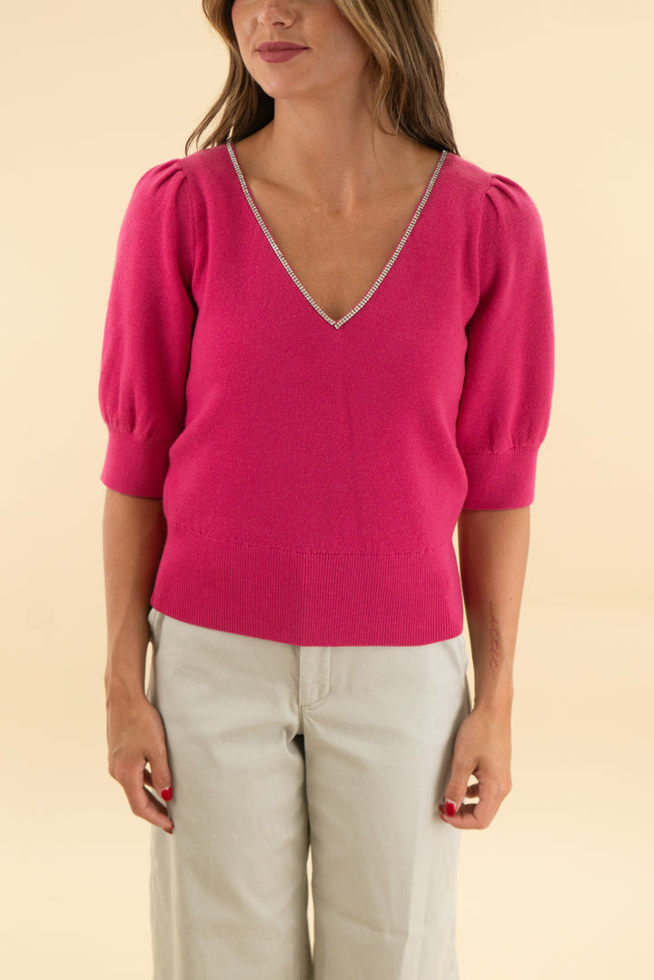 kate spade pink knit rhinestone trim top (xs)