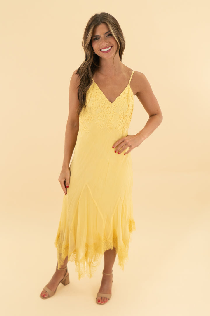 nigel preston x free people yellow lace midi dress nwt (xs; retail $350)