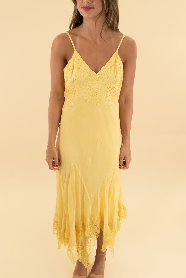 nigel preston x free people yellow lace midi dress nwt (xs; retail $350)