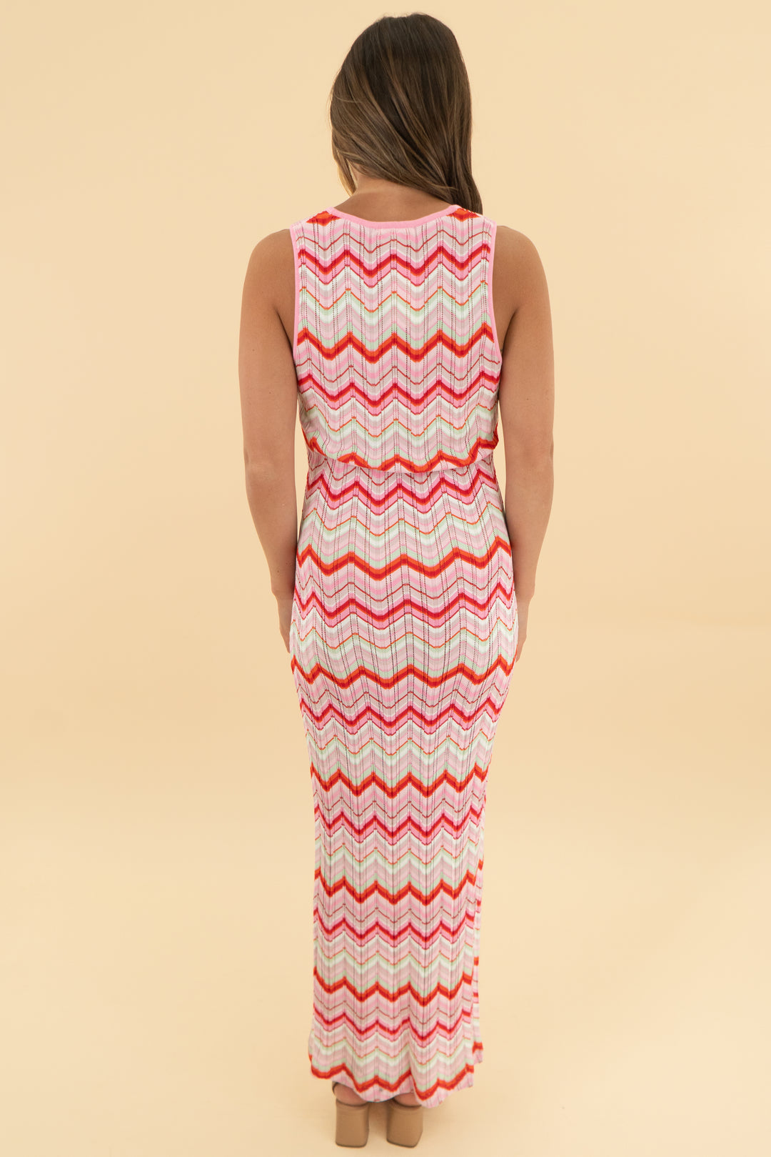 torn by ronny kobo pink multi stripe knit maxi dress (l)