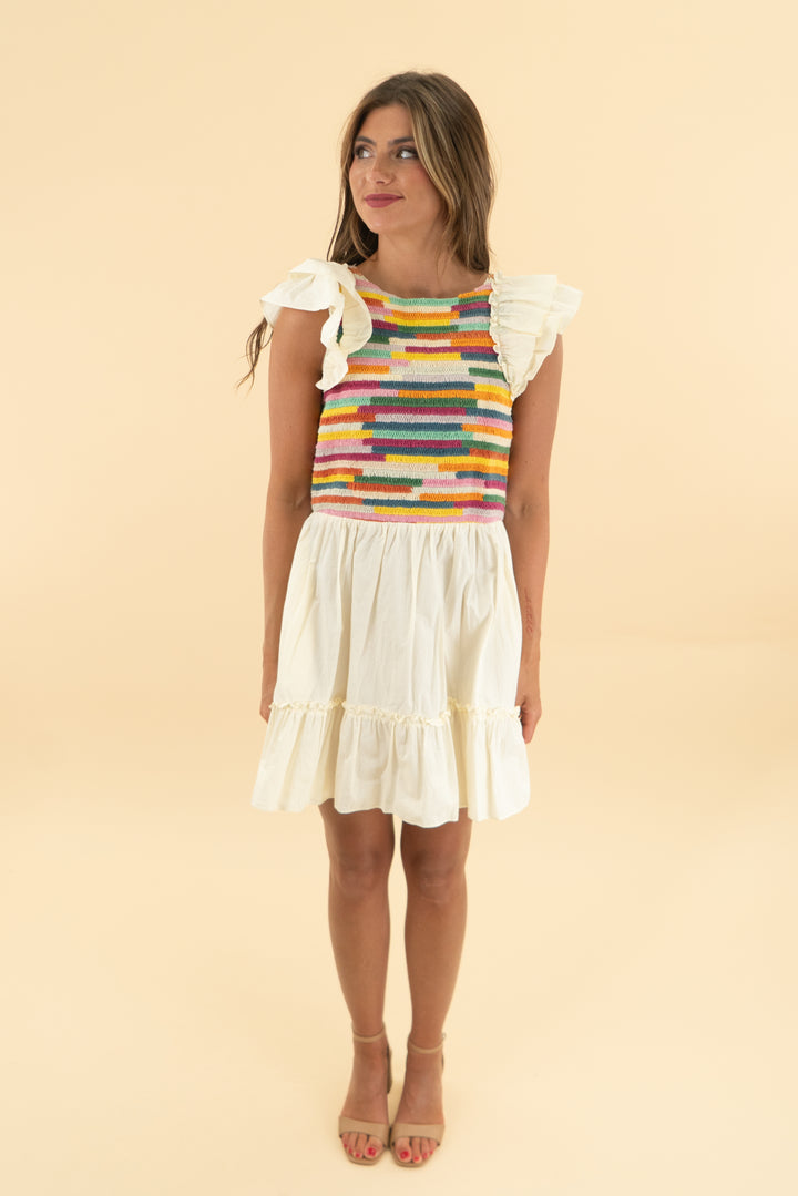 saylor cream/multi crochet knit mini dress (s)