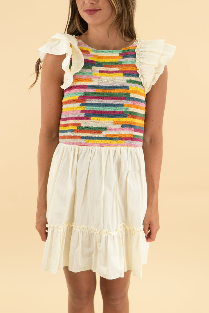 saylor cream/multi crochet knit mini dress (s)