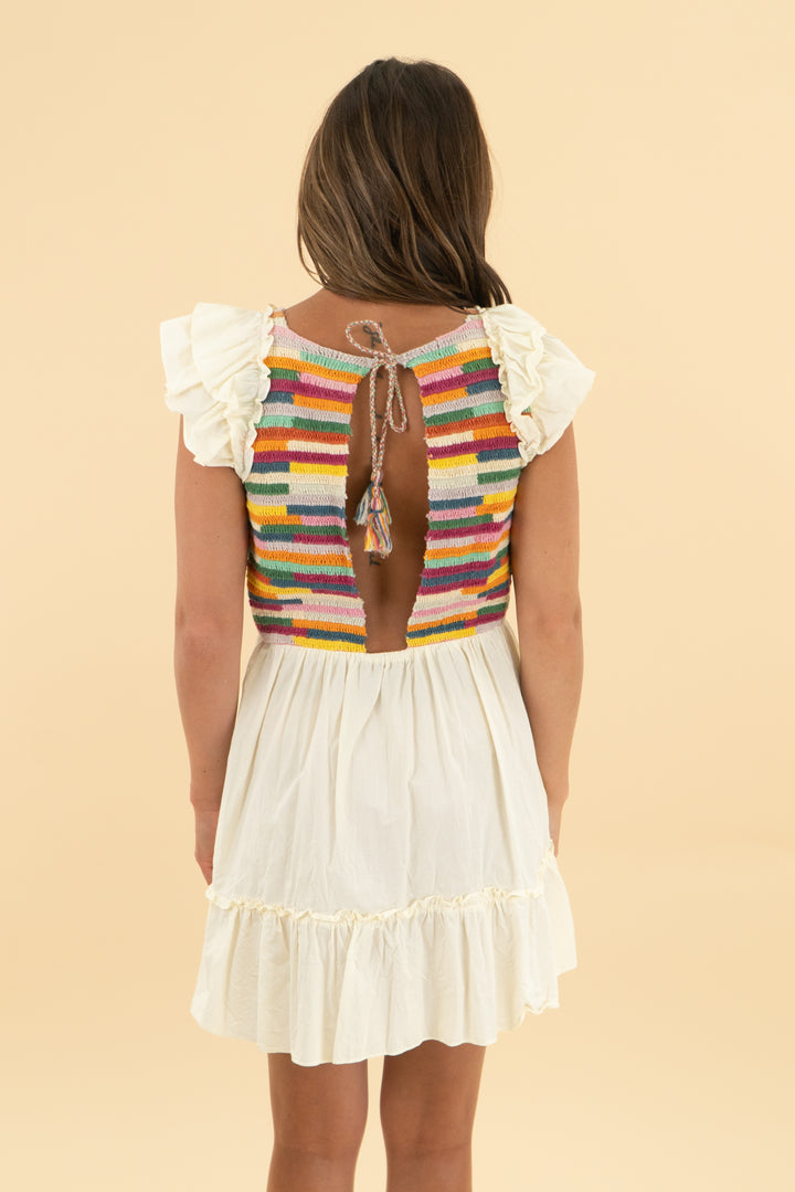 saylor cream/multi crochet knit mini dress (s)