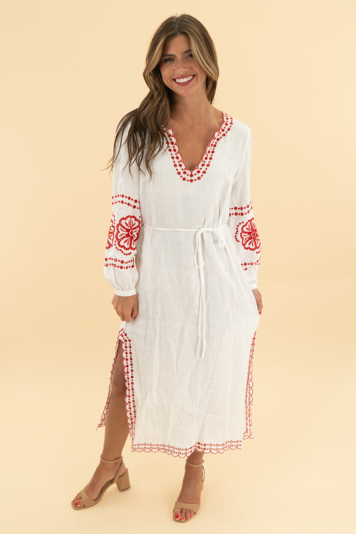 j.crew white linen maxi dress w/ red eyelet detail (xs)