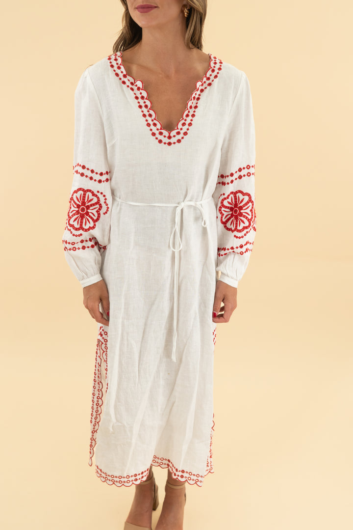 j.crew white linen maxi dress w/ red eyelet detail (xs)