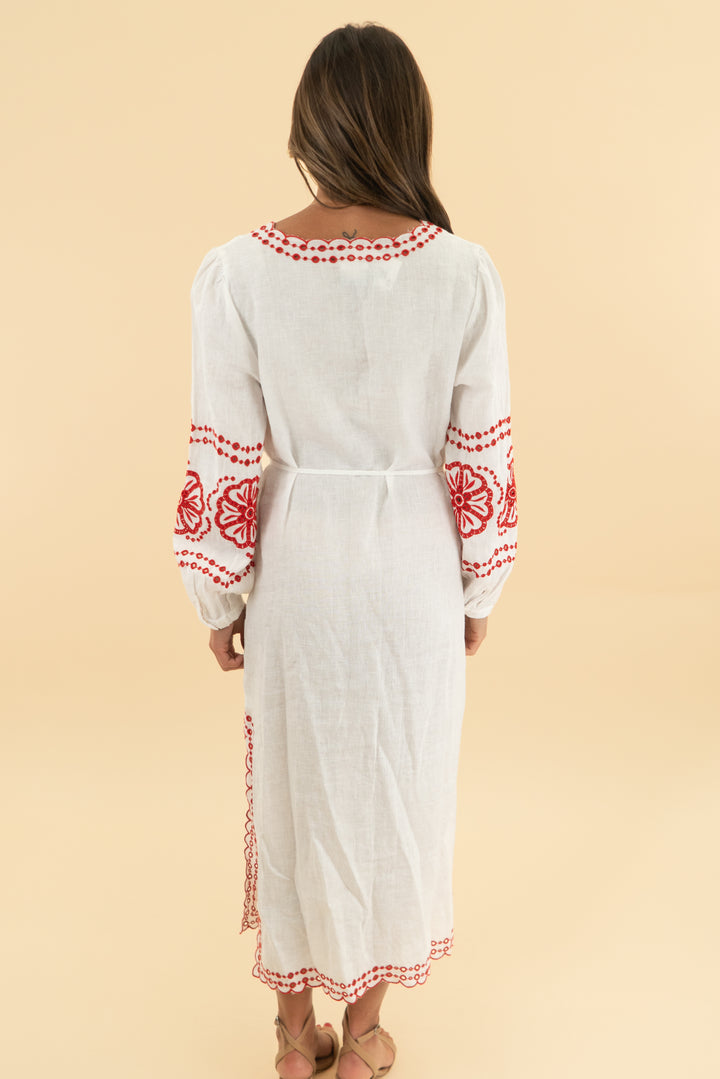 j.crew white linen maxi dress w/ red eyelet detail (xs)