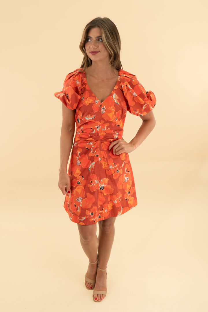 tanya taylor orange floral puff sleeve mini dress (0)
