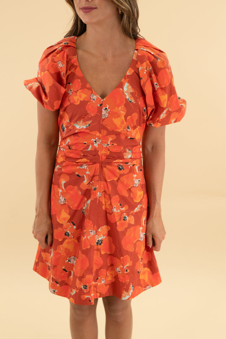 tanya taylor orange floral puff sleeve mini dress (0)