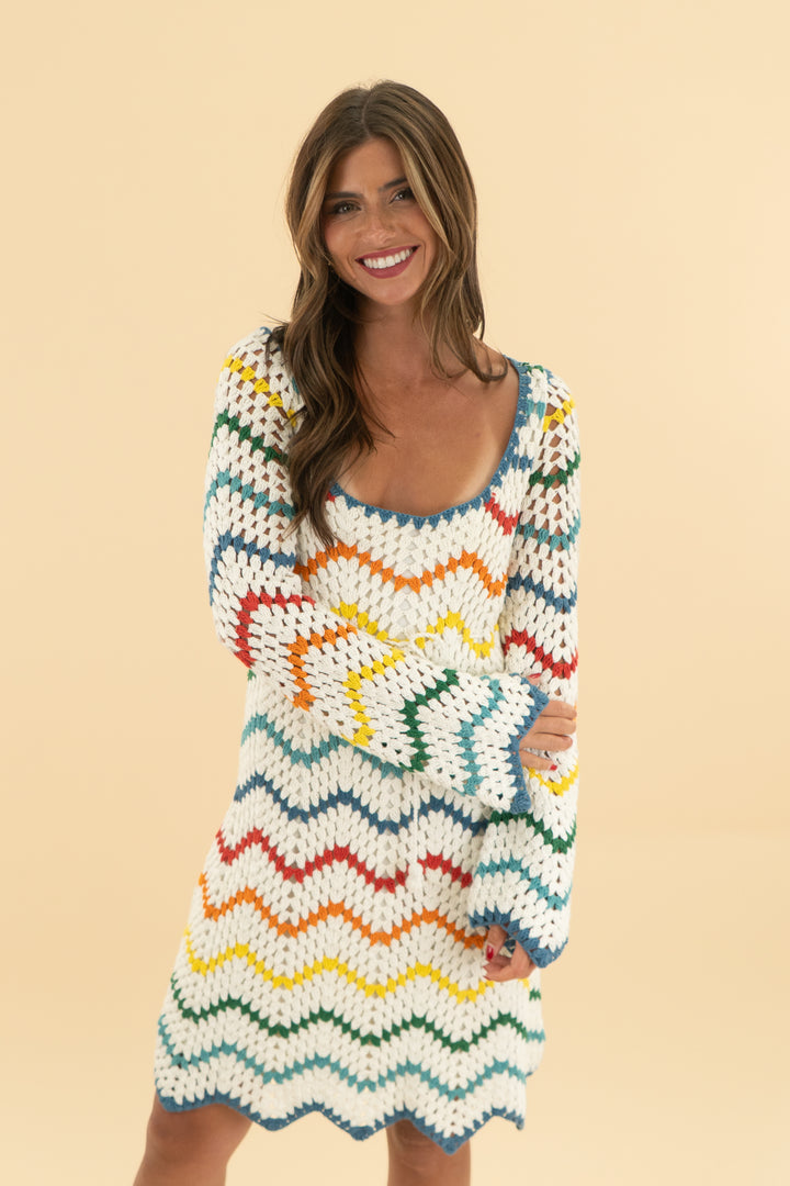 saylor white/multi crochet long sleeve mini dress (s)
