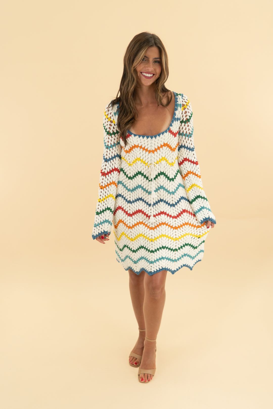 saylor white/multi crochet long sleeve mini dress (s)
