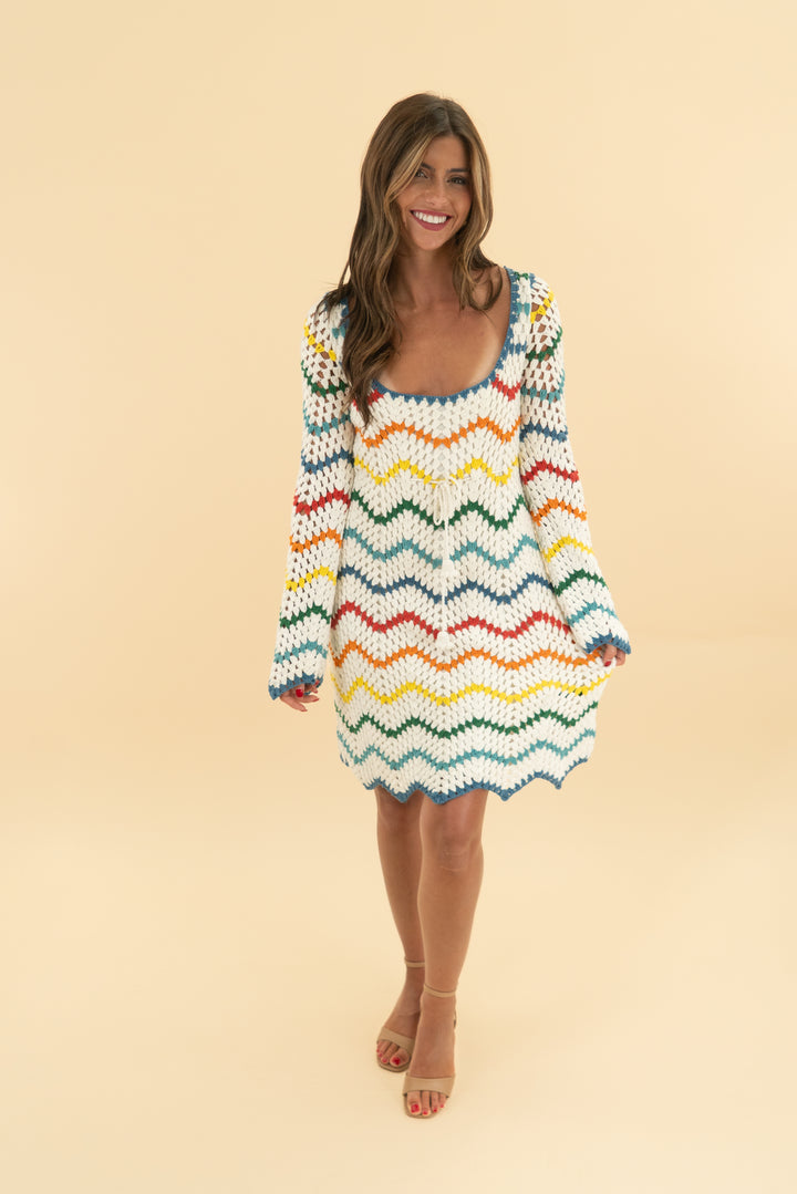 saylor white/multi crochet long sleeve mini dress (s)