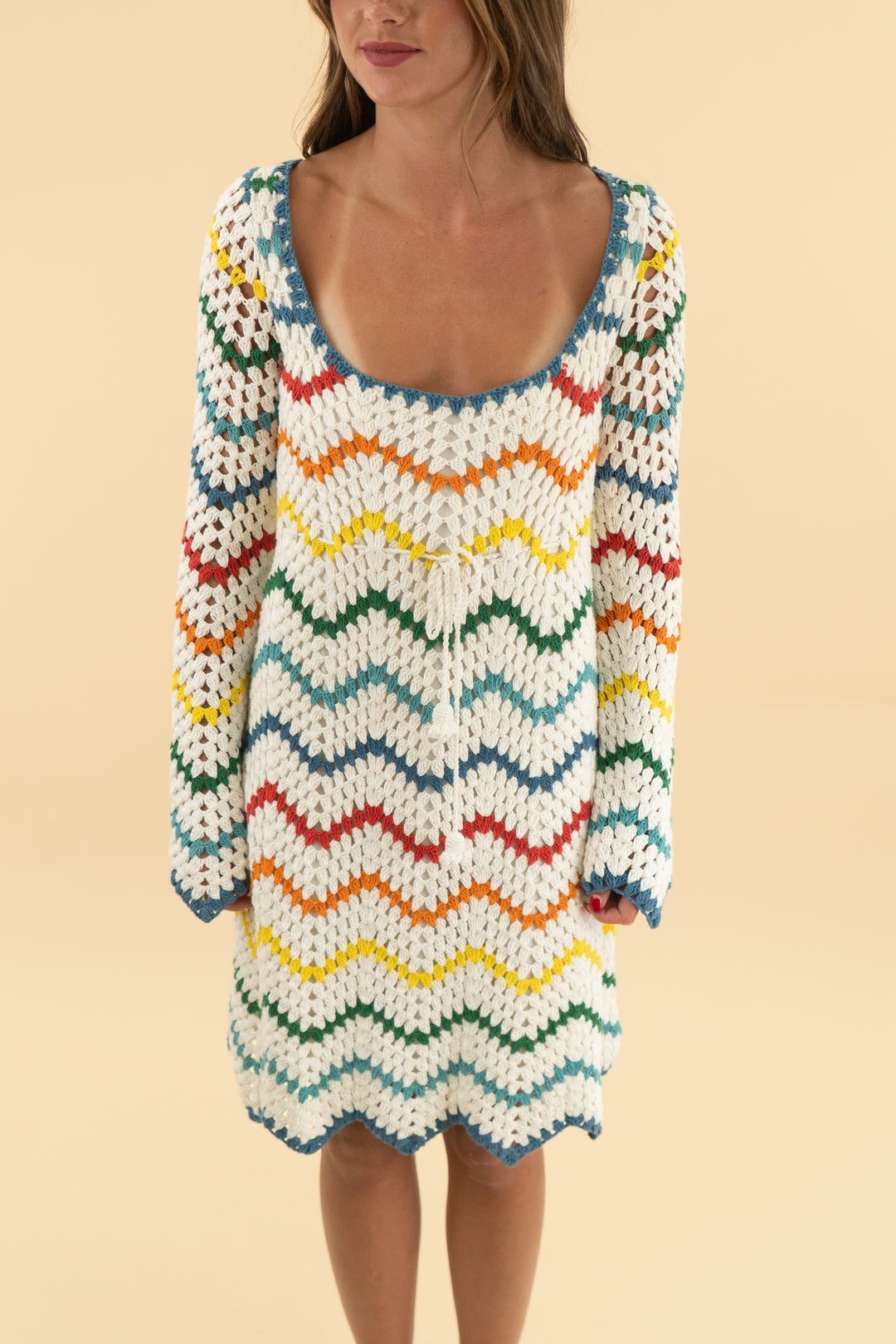 saylor white/multi crochet long sleeve mini dress (s)