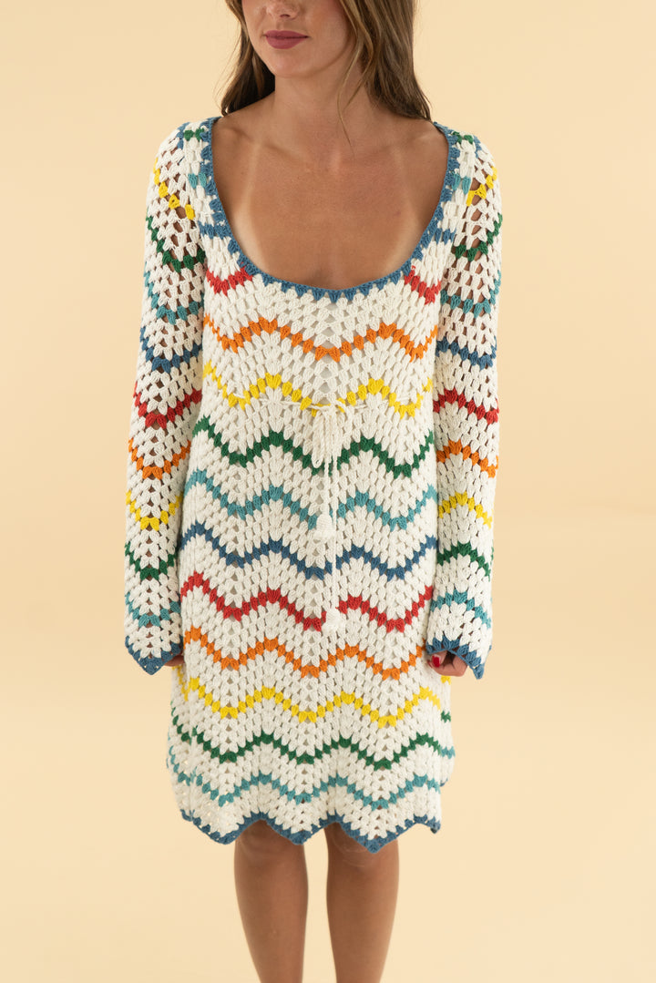 saylor white/multi crochet long sleeve mini dress (s)
