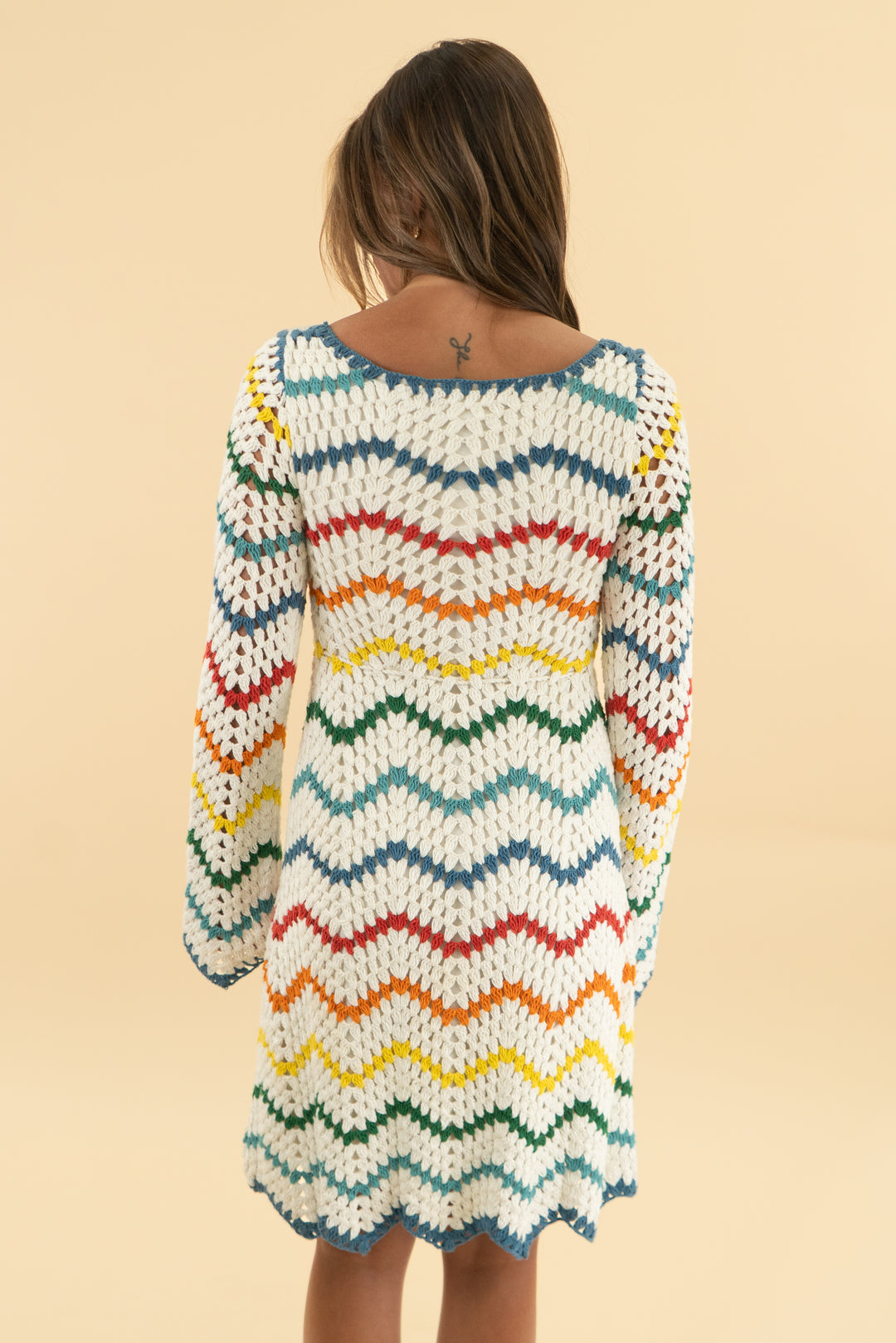 saylor white/multi crochet long sleeve mini dress (s)