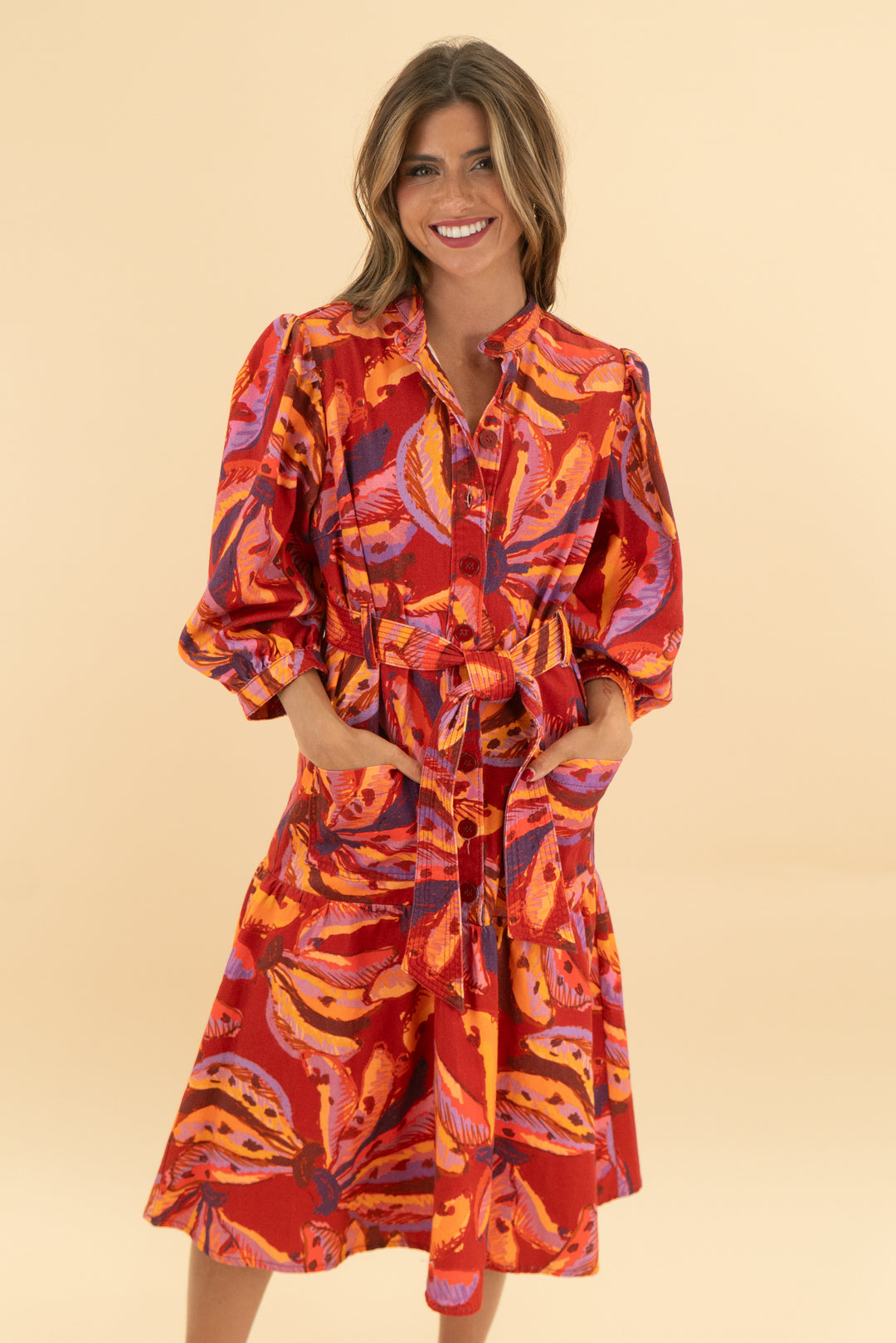 farm rio red banana print denim dress (s)