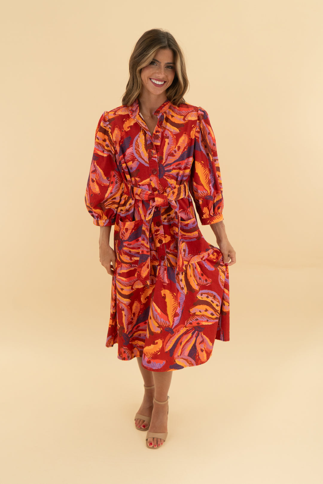 farm rio red banana print denim dress (s)