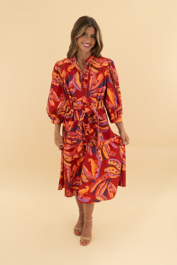 farm rio red banana print denim dress (s)