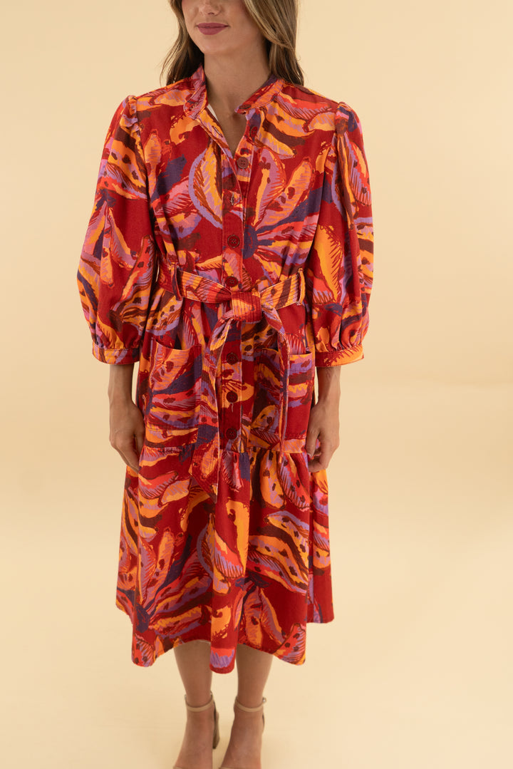 farm rio red banana print denim dress (s)