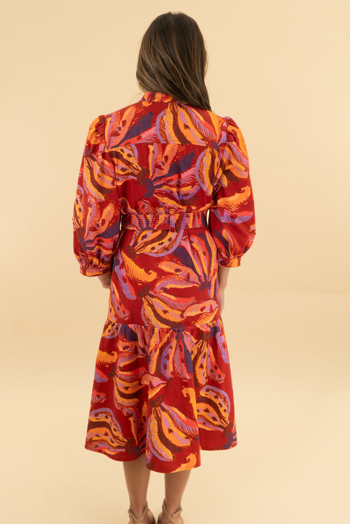 farm rio red banana print denim dress (s)