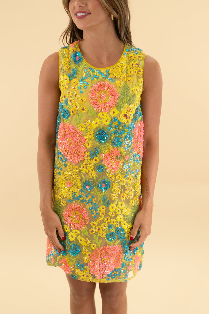 le superbe yellow floral sequin mini dress nwt (2; retail $325)