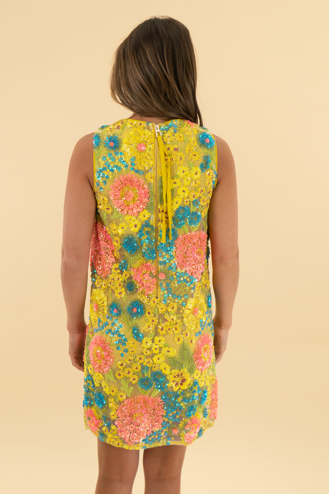 le superbe yellow floral sequin mini dress nwt (2; retail $325)