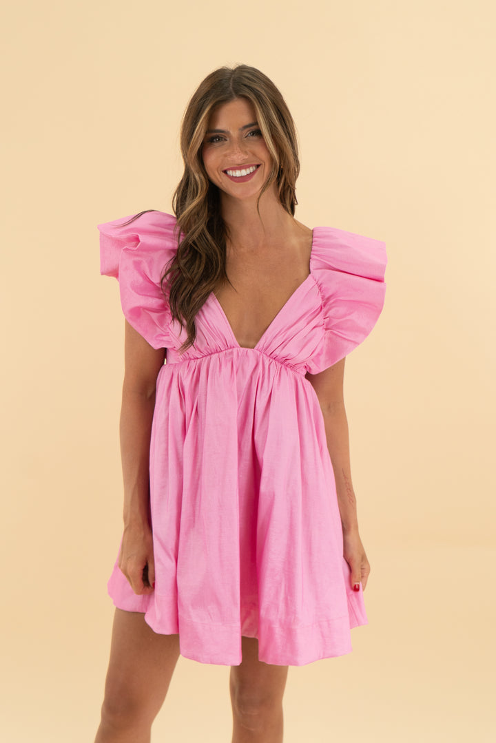 for love & lemons pink metallic ruffle sleeve mini dress (s)