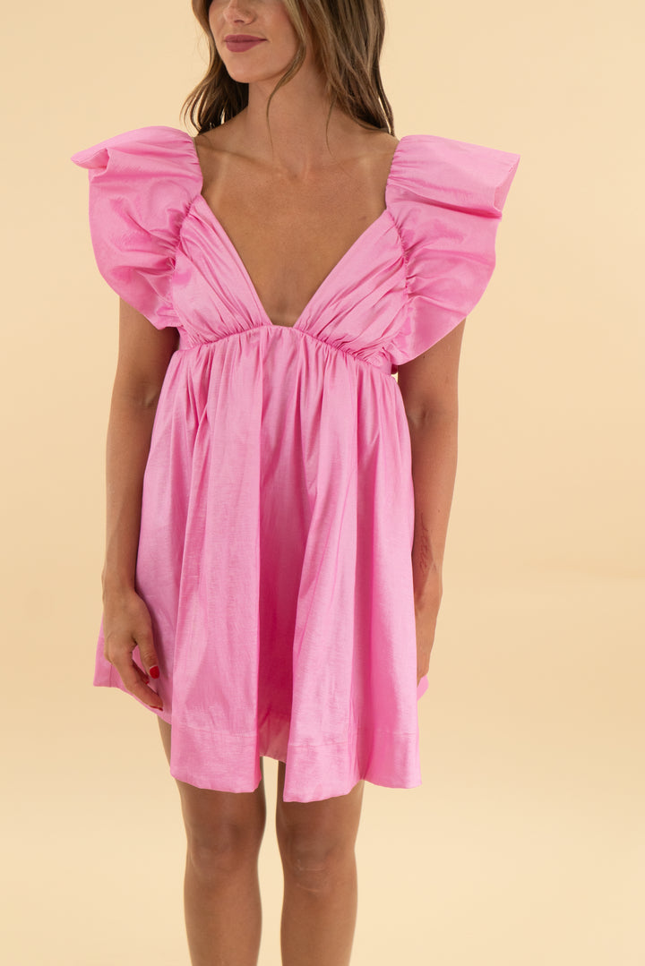 for love & lemons pink metallic ruffle sleeve mini dress (s)