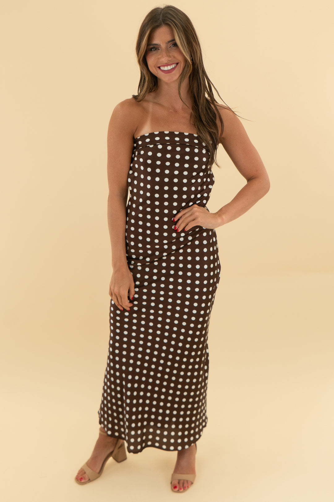 paper heart brown polka dot strapless dress (s)