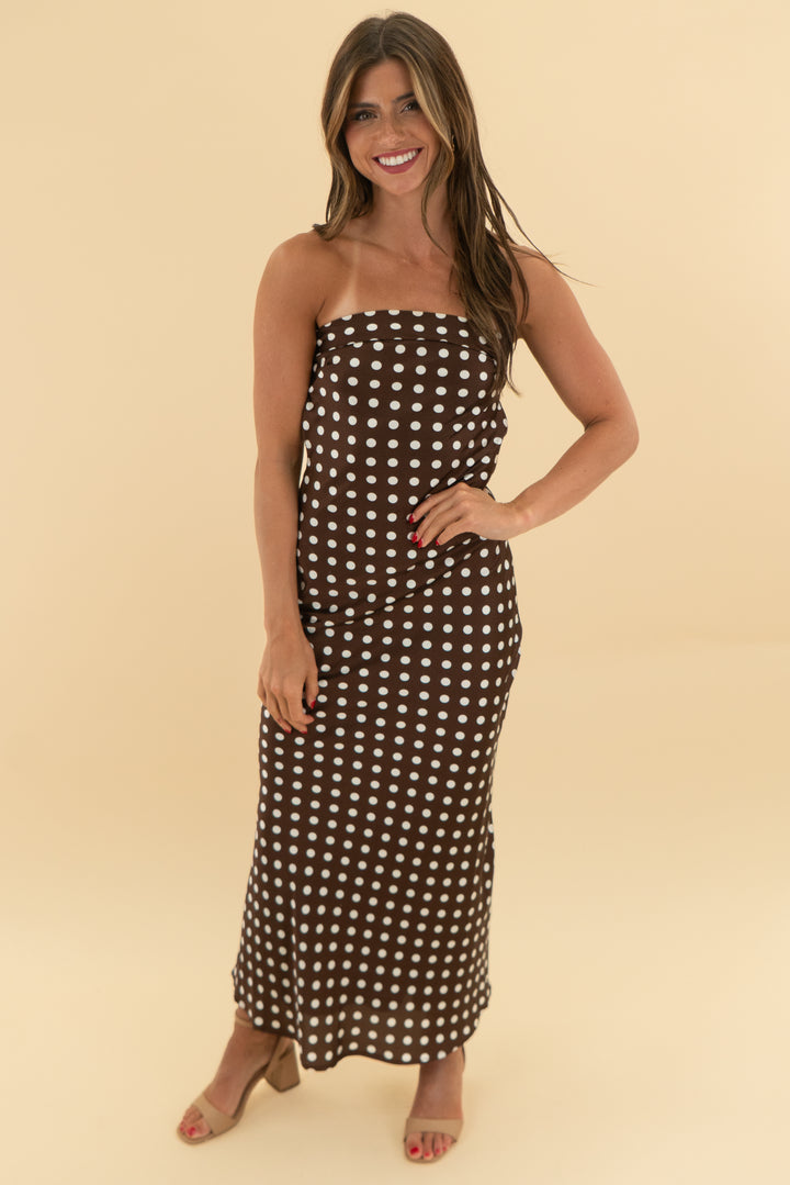 paper heart brown polka dot strapless dress (s)