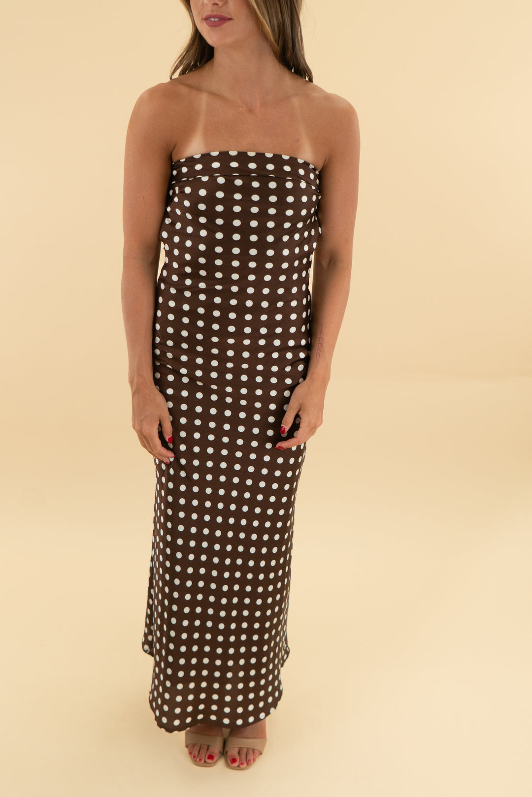paper heart brown polka dot strapless dress (s)