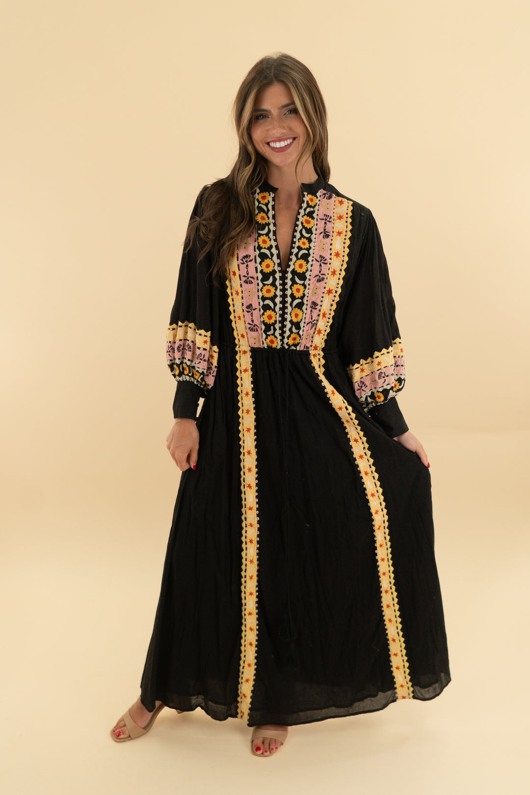 carolina k brown embroidered maxi dress (xs)