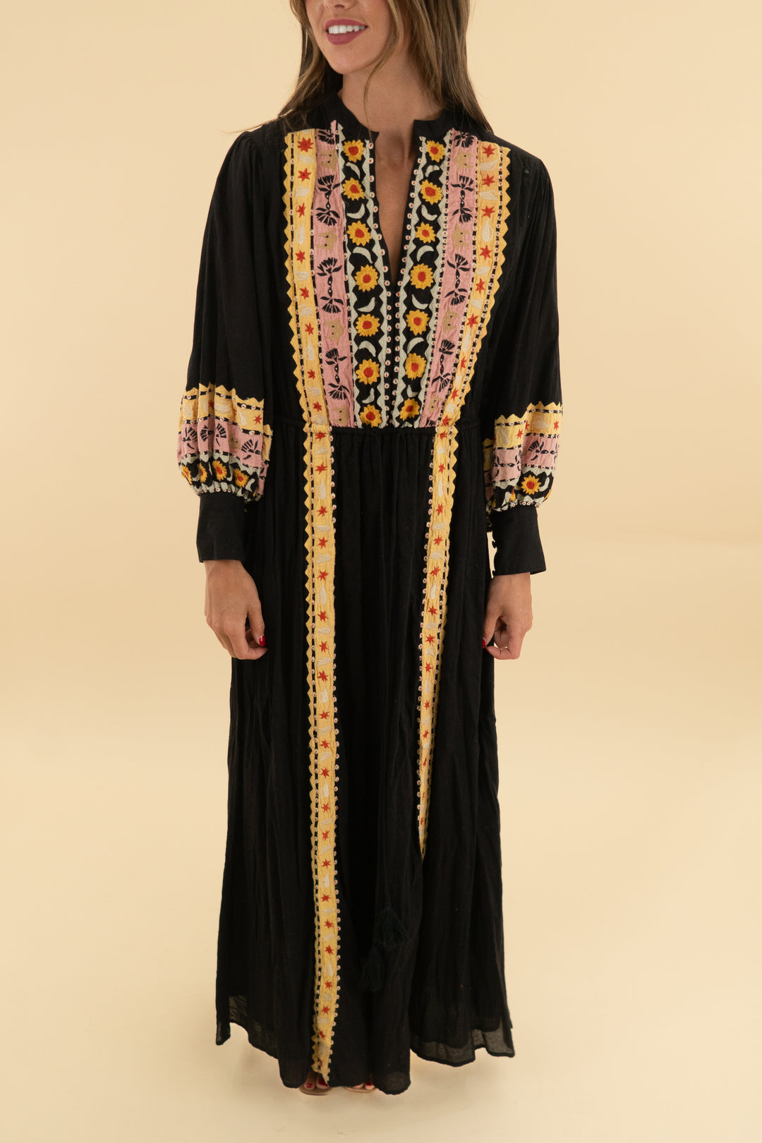 carolina k brown embroidered maxi dress (xs)