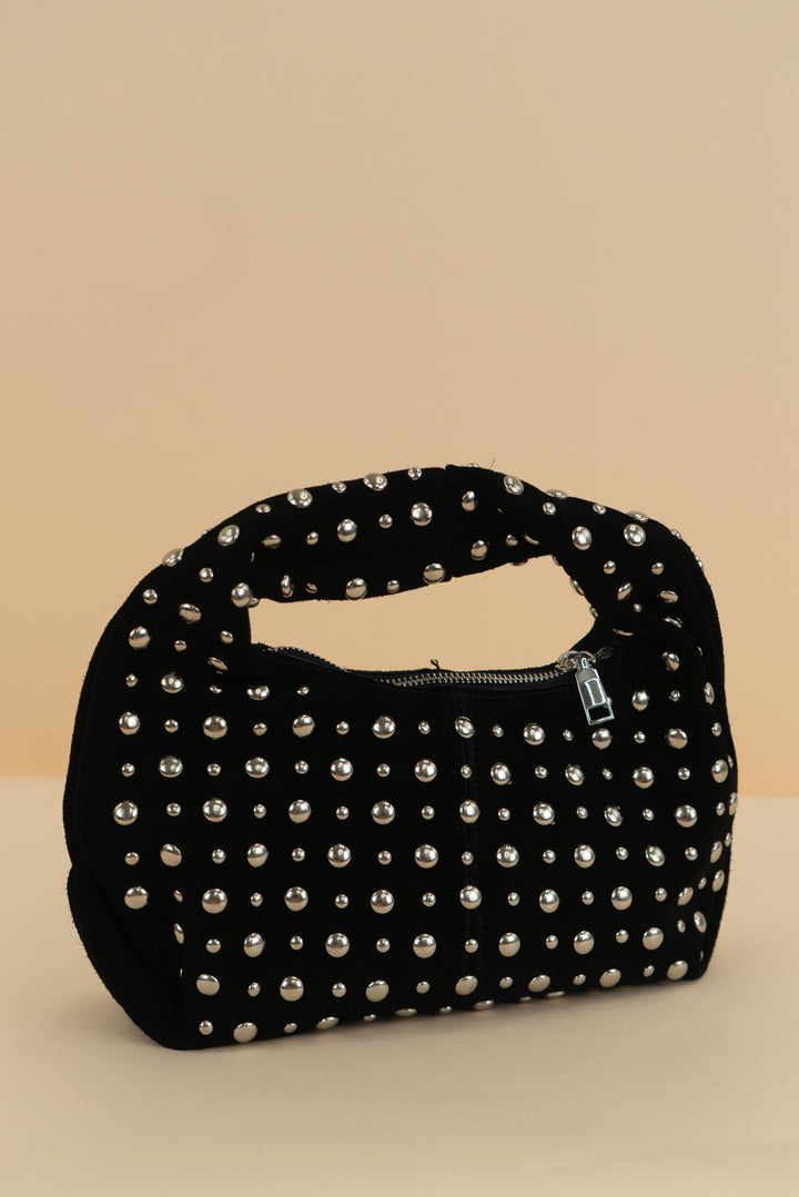 aqua black studded suede bag