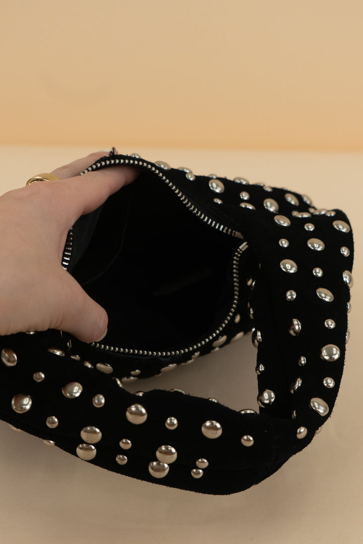 aqua black studded suede bag