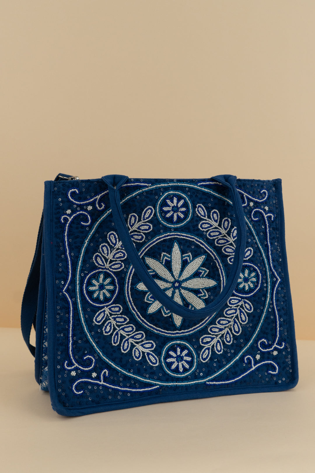 blue floral beaded tote